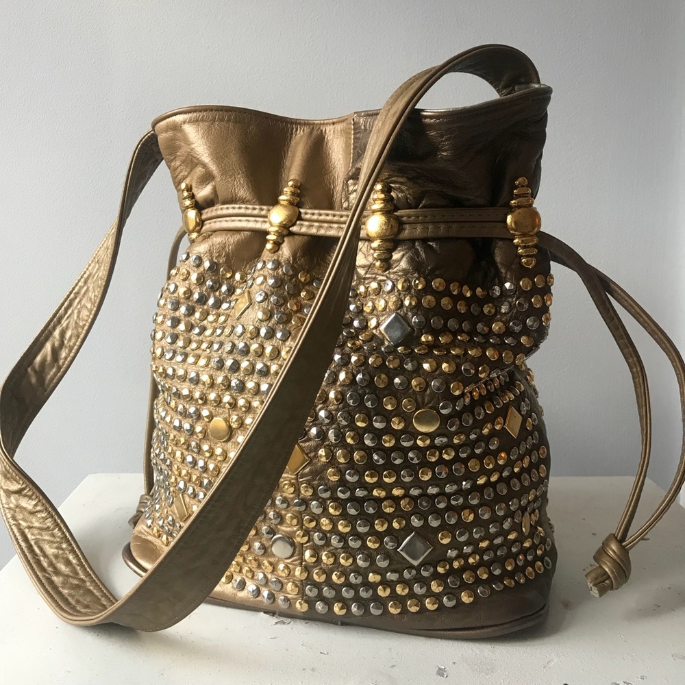 Vintage Crossbody Bucke Bag Gold Bronze With Studs